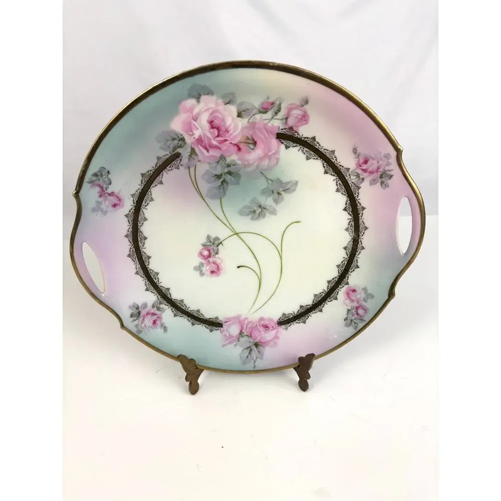 Antique Bavaria Germany Hand-Painted Porcelain Cake Plate Double Handle‎ Roses